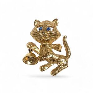 Vintage Avon Gold Tone Cat Brooch With Bow & Working Bell